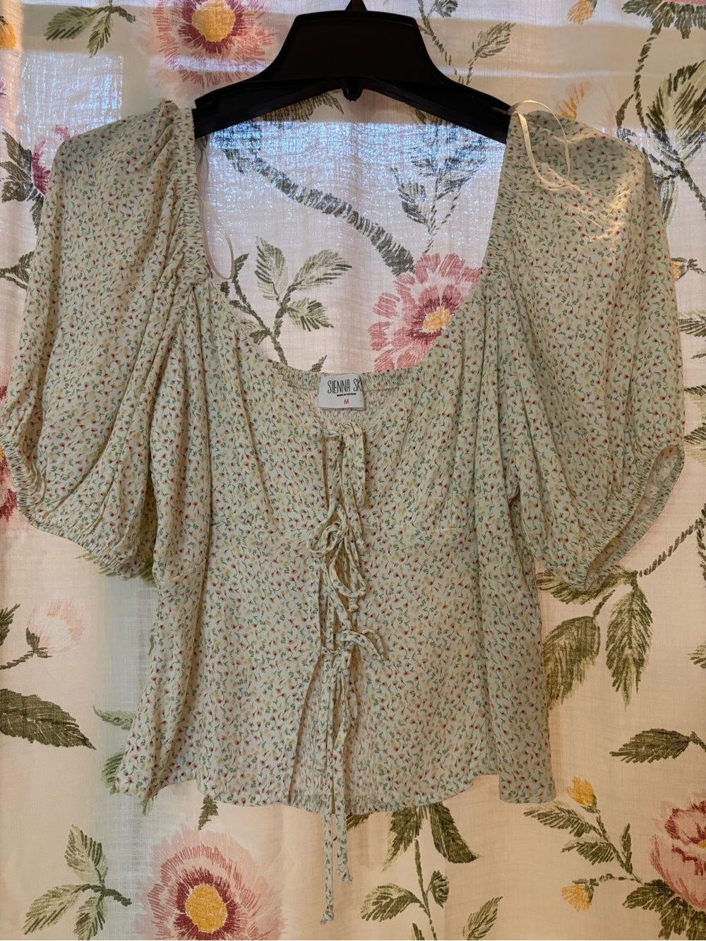 Sienna Sky Light Sage Floral Tie-Front Puff Sleeve Blouse